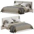 Modern Double Bed With Minimalist Headboard Striped Bedding Pillows And Nightstand