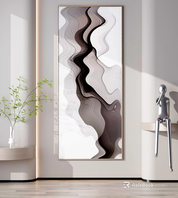 Abstract Black White Wavy Painting With Modern Green Plant And Silver Sculpture Decor 3d model 