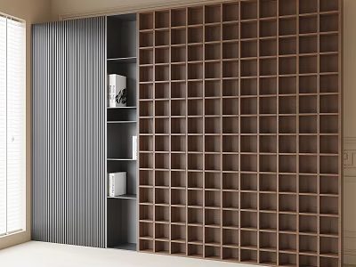 Modern Wooden Bookcase Interior Design With Grid Structure And Multiple Shelves 3d model