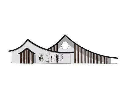 Modern Traditional Feature Wall Design With Wooden Slats And Octagonal Window 3d model