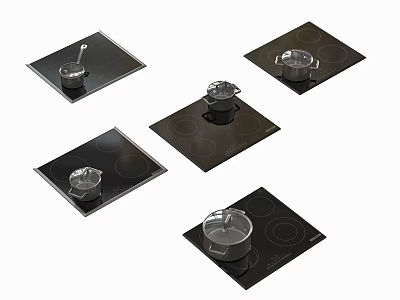 Multiple Modern Black Induction Cooktops With Pots On Kitchen Appliance Surfaces 3d model