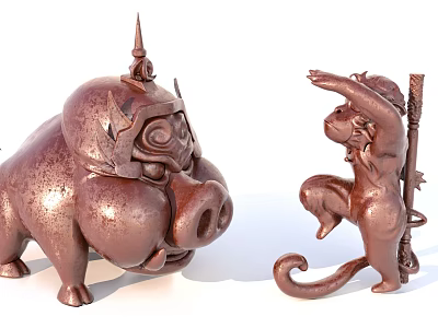 Artistic Bronze Colored Pig And Monkey Sculptures With Helmet And Staff Design 3d model