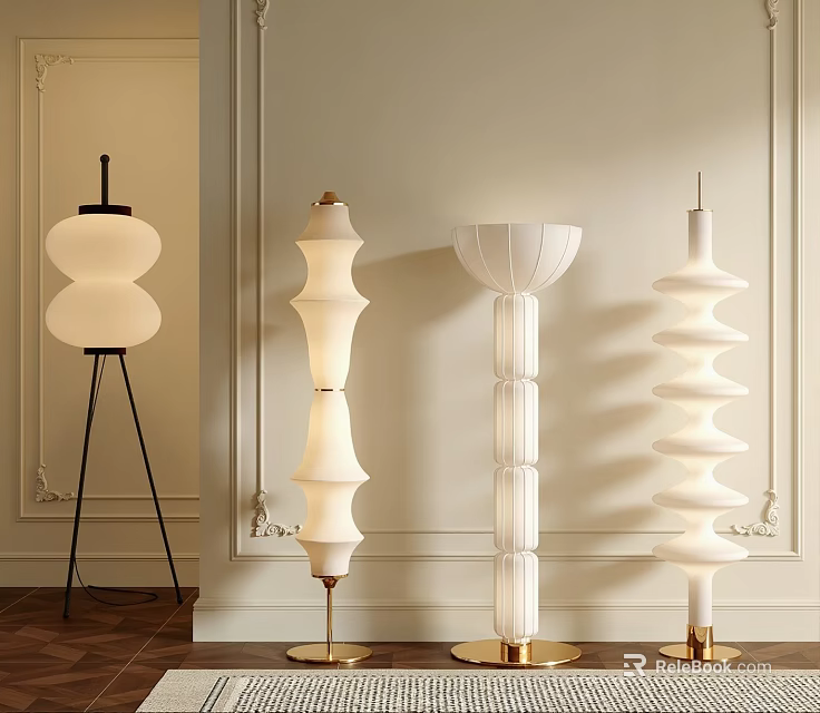 Modern Floor Lamps With Various White Shades And Metal Bases For Interior Decor 3d model 