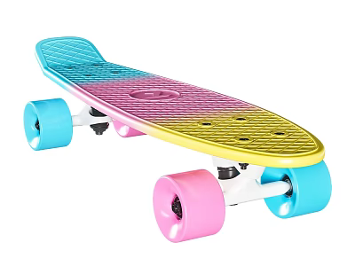 Skateboard Sports Equipment With Colorful Rainbow Gradient Design Blue Pink Wheels And Textured Deck 3d model