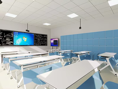 School Modern Classroom Featuring Smart Blackboard Display Screen Blue Walls And Neat Desks Chairs 3d model