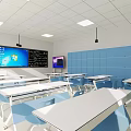 School Modern Classroom Featuring Smart Blackboard Display Screen Blue Walls And Neat Desks Chairs