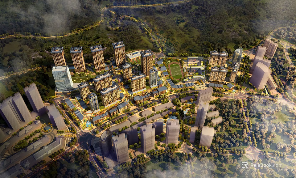 Aerial Planning of Modern Urban Development with High Rise Buildings Green Spaces and Roads 3d model 