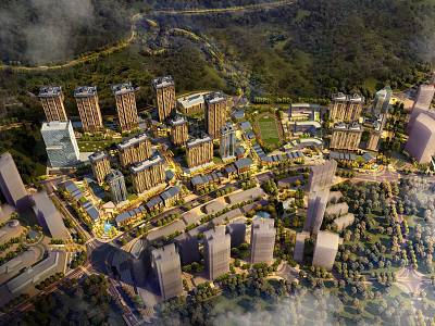 Aerial Planning of Modern Urban Development with High Rise Buildings Green Spaces and Roads 3d model