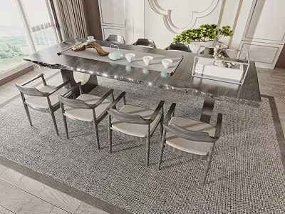 Elegant Modern Tea Table And Chairs With Stone Top Upholstered Seats Green Plant Large Windows 3d model