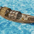Classic Wooden Boat With Thatched Roof And Wooden Frame On Blue Water