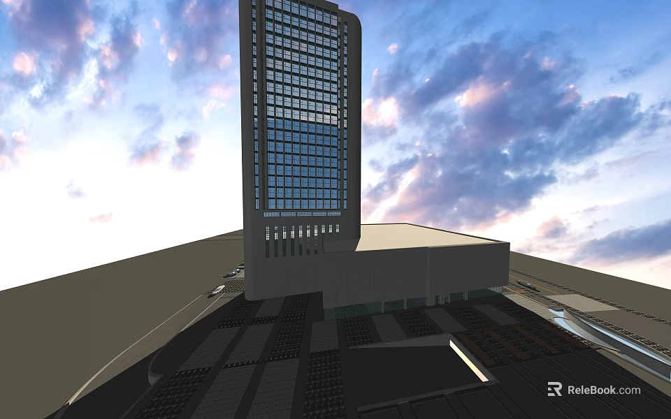 Modern Tall Office Building Featuring Glass Facade And Sky Background 3d model 