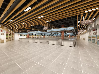 Spacious Supermarket Department Store Interior With Wooden Ceiling Beams Bright Lighting And Product Shelves 3d model