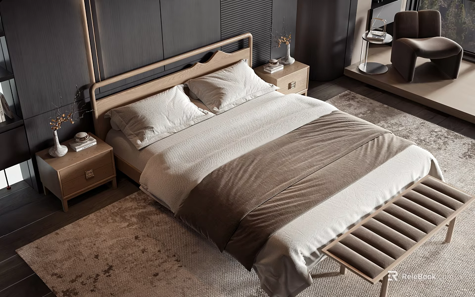 Modern Double Bed Interior With Wooden Headboard Nightstand And Area Rug 3d model 