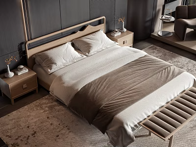 Modern Double Bed Interior With Wooden Headboard Nightstand And Area Rug 3d model