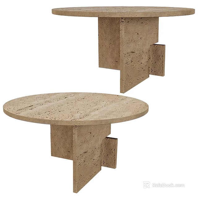 Round Travertine Dining Table with Geometric Block Base and Textured Surface for Modern Interior 3d model