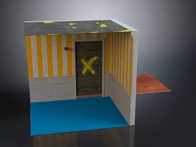 Furniture Cabinet With Yellow Stripes Brown Door Yellow X Mark Blue Base And Gray Top 3d model