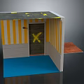 Furniture Cabinet With Yellow Stripes Brown Door Yellow X Mark Blue Base And Gray Top