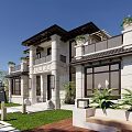 Two Story Chinese Style Detached Villa With Front Pool And Green Lawn