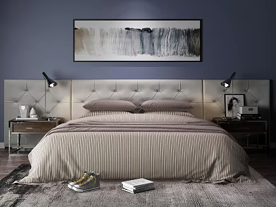 Modern Double Bed With Upholstered Headboard Side Wall Sconces Abstract Painting And Striped Bedding 3d model