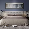 Modern Double Bed With Upholstered Headboard Side Wall Sconces Abstract Painting And Striped Bedding