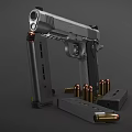 Close Up View of Silver Pistol with Open Magazine and Scattered Bullets