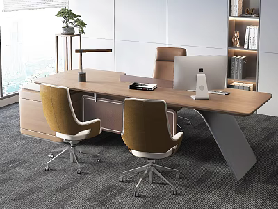 Modern Wooden Office Desk With Two Brown Chairs Computer Monitor Desk Lamp And Bookshelf 3d model