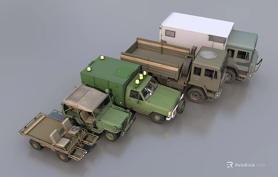 Multiple Green Utility Vehicles With Cargo Beds And Functional Cabins 3d model