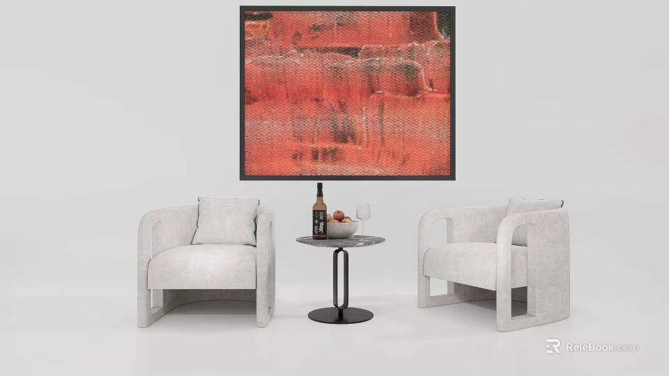 White Leisure Sofa Set With Two Chairs Round Side Table And Red Abstract Painting 3d model