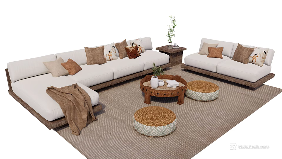 White Sofa and Coffee Table Set with Wooden Table Pillows Throw Blanket and Round Stools 3d model