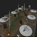 Wooden Table Dinnerware Set with White Plates Green Placemats Wine Glasses and Pine Branch Decoration