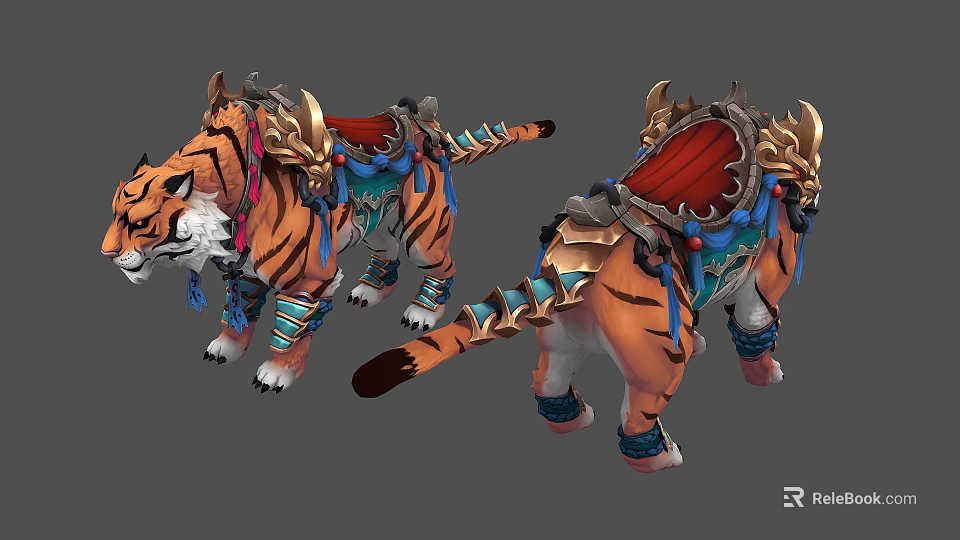 Detailed Mythical Tiger Mount With Decorative Saddle Vibrant Patterns And Ornamental Armor 3d model 