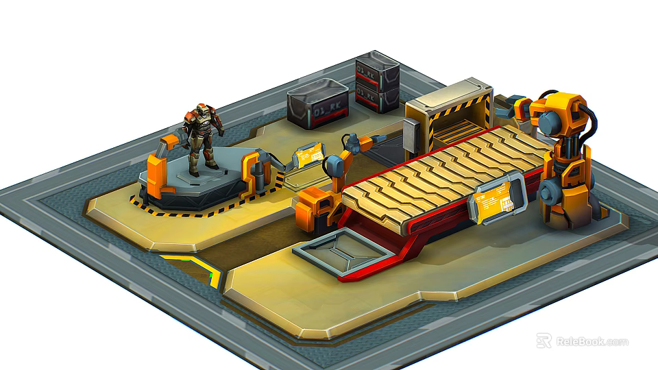 Industrial Production Line Equipment With Robotic Arms And Control Panels Setup 3d model 