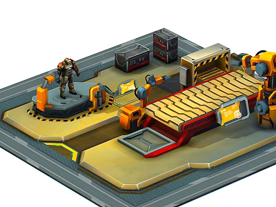 Industrial Production Line Equipment With Robotic Arms And Control Panels Setup 3d model