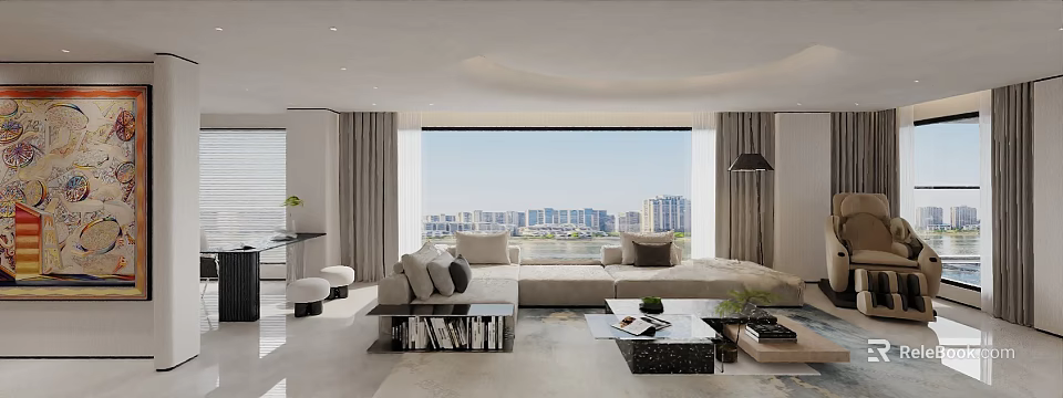 Elegant Modern Living Room Interior Design With Large Windows City View Sofa And Coffee Table 3d model 