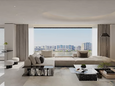 Elegant Modern Living Room Interior Design With Large Windows City View Sofa And Coffee Table 3d model