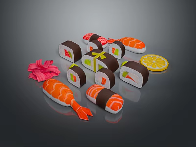 Shrimp Sushi And Various Sushi Rolls With Lemon Slice And Decorative Flower 3d model
