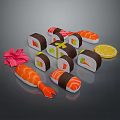 Shrimp Sushi And Various Sushi Rolls With Lemon Slice And Decorative Flower