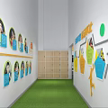 Shoe Bench In Indoor Sports Arena With Colorful Banners And Tennis Court Setup
