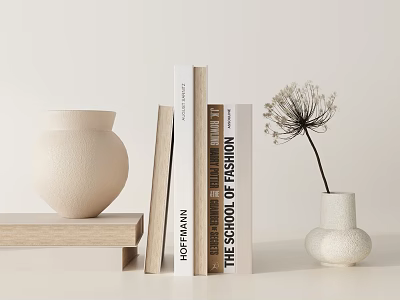 Minimalist Decorative Accessories Set With Beige Ceramic Vase Stack Of Books And Small Dandelion Vase 3d model