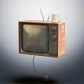 Vintage Television With Wooden Frame White Mug And Antennas On Plain Background