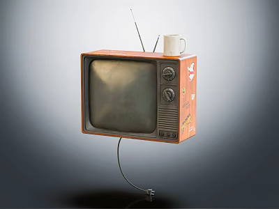 Vintage Television With Wooden Frame White Mug And Antennas On Plain Background 3d model