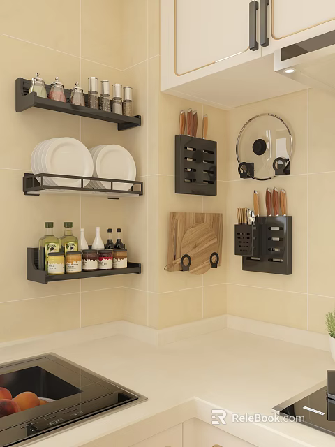Practical Kitchen Wall Mounted Shelves With Plates Condiment Bottles Knives And Cutting Board 3d model 