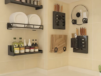 Practical Kitchen Wall Mounted Shelves With Plates Condiment Bottles Knives And Cutting Board 3d model