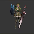 Fantasy Game Character With Orange Hair Blue Black Outfit Black Tail And Long Sword