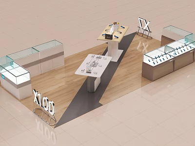Modern Retail Store Interior With Glass Display Cases Wooden Floor And Counter 3d model