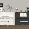 Elegant White Black Pianos With Stools Sheet Music Art Frames And Decorative Vase