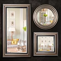 Different Shaped Decorative Mirrors With Metallic Frames Reflecting Living Room Interior Decor 3d model
