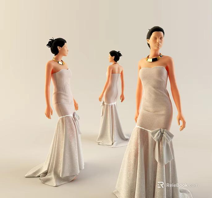 Elegant Models In Silver Strapless Long Dresses With Bow Details On Light Background 3d model 