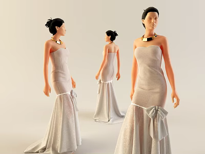 Elegant Models In Silver Strapless Long Dresses With Bow Details On Light Background 3d model
