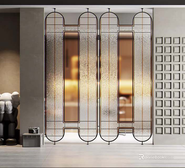 Modern Decorative Room Divider With Metal Frame And Glass Panels In Interior Space 3d model 